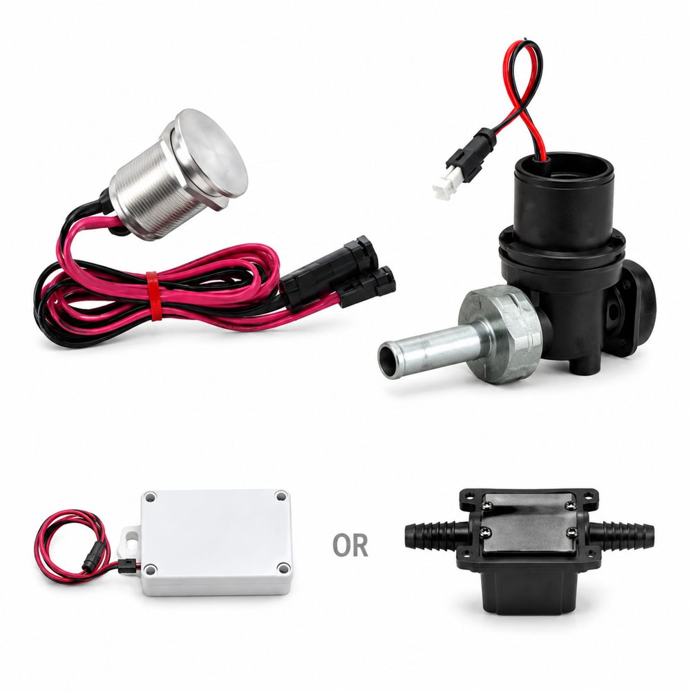 STERN APS timed shower kit components: stainless steel piezo touch switch, solenoid valve with housing and inlet nipple, 9 V battery box and 9 V transformer